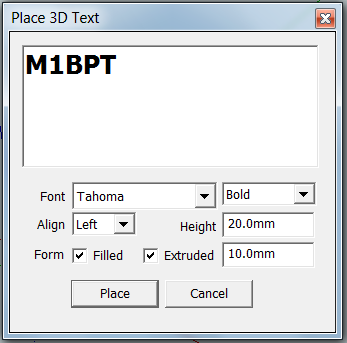 Dialogue box for the input and control of 3D text
