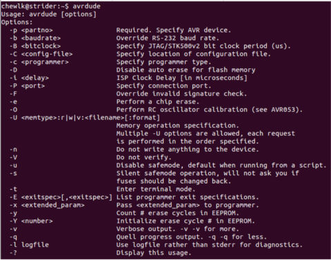 Avrdude help screen