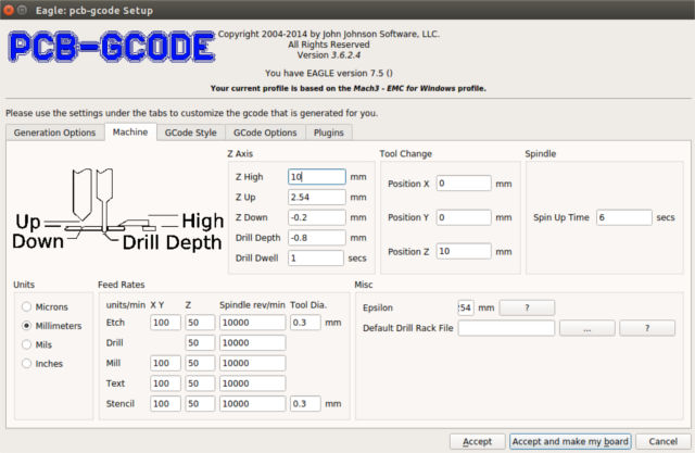 PCBgcode settings: Machine