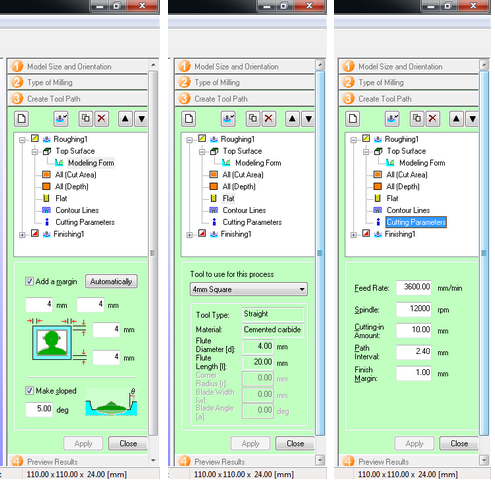 Setting up cut parameters