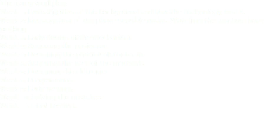 This is my workplan:
Week 1: Invrestigation of the background and how the technology works.
Week 2: Investigation of the photo sensible resins. Watching the machine here working.
Week 3: Early desing of the mechanism.
Week 4: Acquiring the projector.
Week 5: Designing the photo isolator basin.
Week 6: Acquiring the rest of the materials.
Week 7: Designing the elctronics.
Week 8: Programming
Week 9: Early testing,
Week 10: Solving the mistakes. Week 11: Final Testing.
