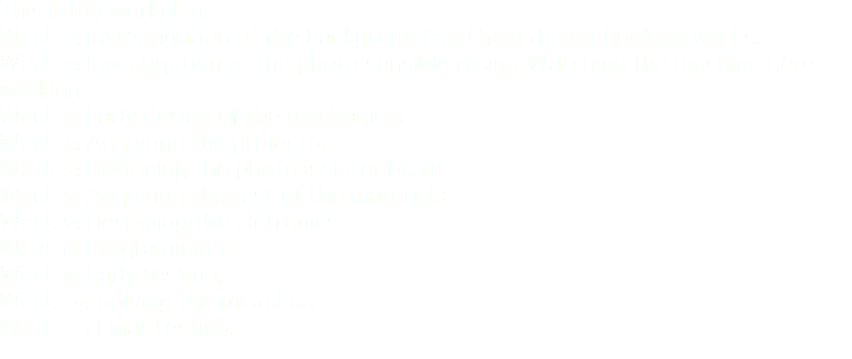 This is my workplan:
Week 1: Invrestigation of the background and how the technology works.
Week 2: Investigation of the photo sensible resins. Watching the machine here working.
Week 3: Early desing of the mechanism.
Week 4: Acquiring the projector.
Week 5: Designing the photo isolator basin.
Week 6: Acquiring the rest of the materials.
Week 7: Designing the elctronics.
Week 8: Programming
Week 9: Early testing,
Week 10: Solving the mistakes. Week 11: Final Testing.
