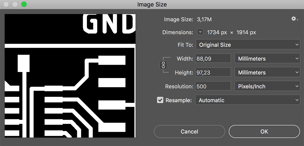 Test image size in Photoshop
