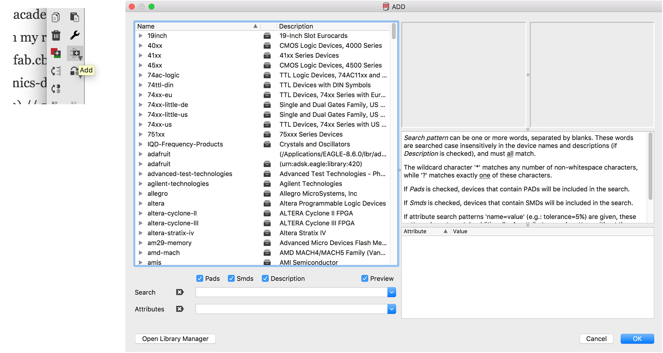 Add Components Dialog in Eagle