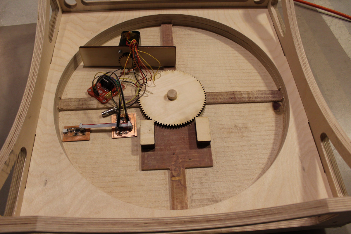 The Rocker Base with the electronics and the gear train, waiting to be assembled.