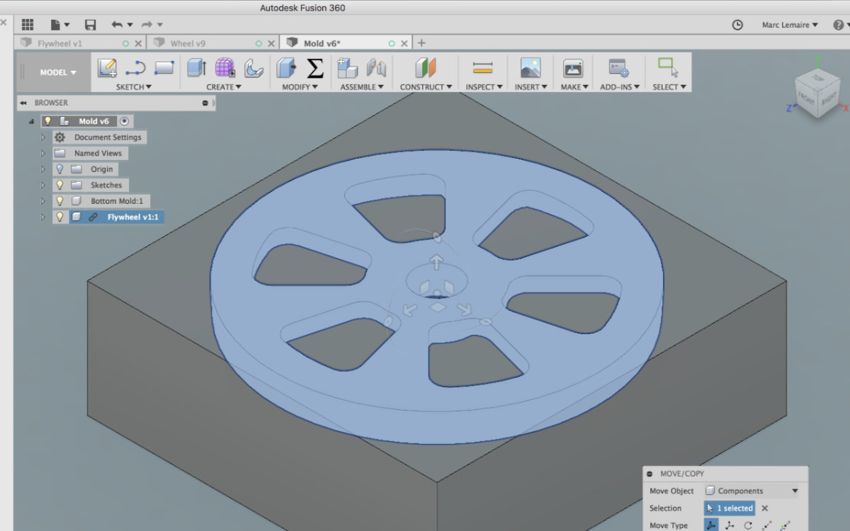 The Flywheel with the mold. We then subtract the wheel form from the mold cube