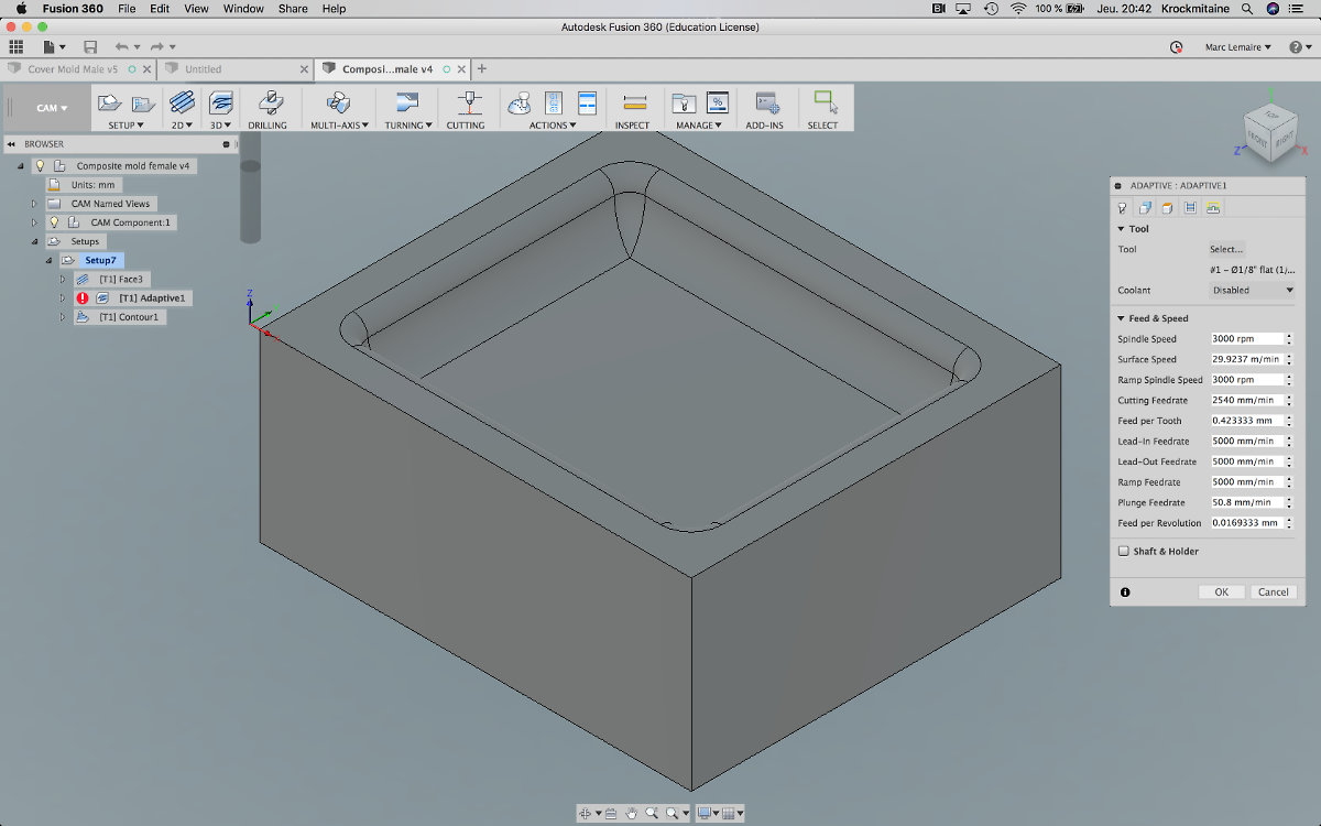 Feedrate to 5000mm/min and correct placement of the origin and the block
