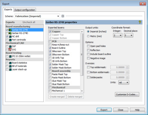 Gerber export settings