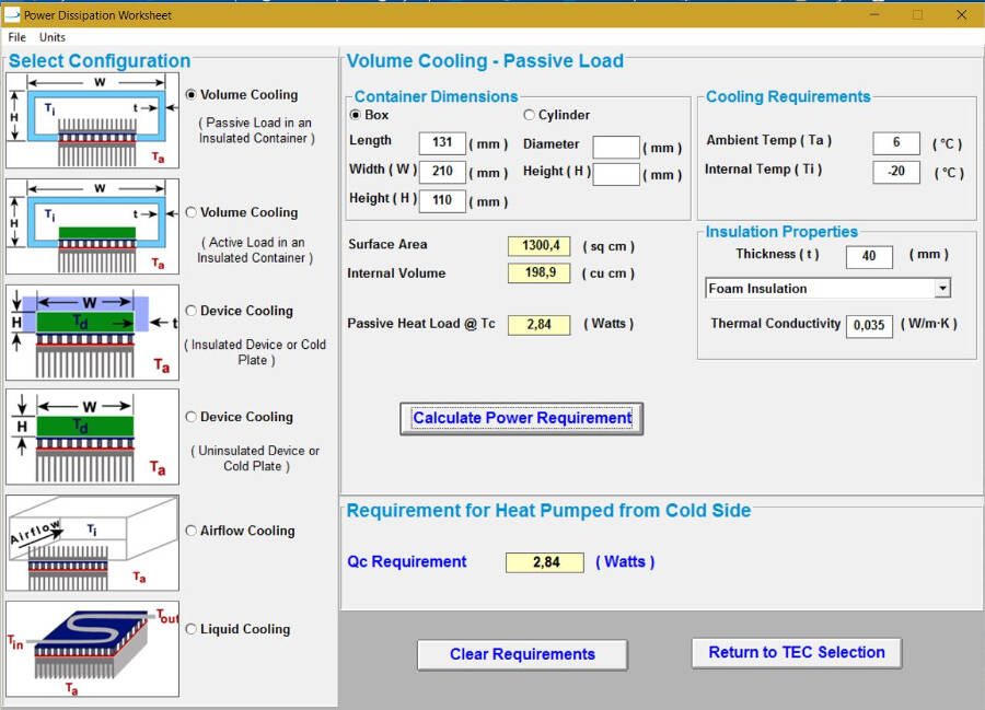 Select the Peltier element for the freezer (cold and hot temperatures
