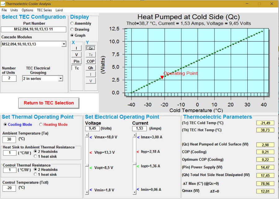 Select the Peltier element for the freezer (cold and hot temperatures