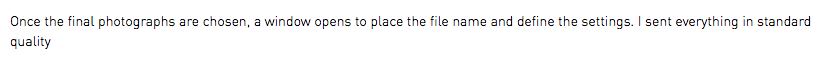 Once the final photographs are chosen, a window opens to place the file name and define the settings. I sent everything in standard quality
