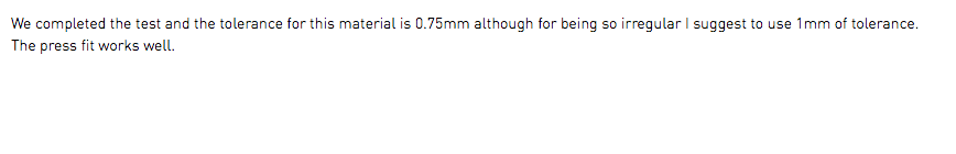 We completed the test and the tolerance for this material is 0.75mm although for being so irregular I suggest to use 1mm of tolerance. The press fit works well.
