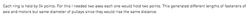 Each ring is held by 04 points. For this I needed two axes each one would hold two points. This generated different lengths of fasteners of axis and motors but same diameter of pulleys since they would rise the same distance.