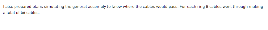 I also prepared plans simulating the general assembly to know where the cables would pass. For each ring 8 cables went through making a total of 56 cables.
