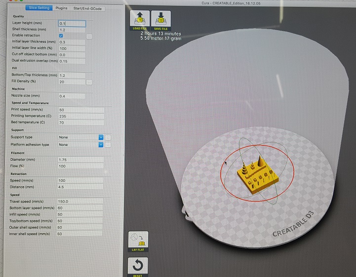 settings on cura for test piece