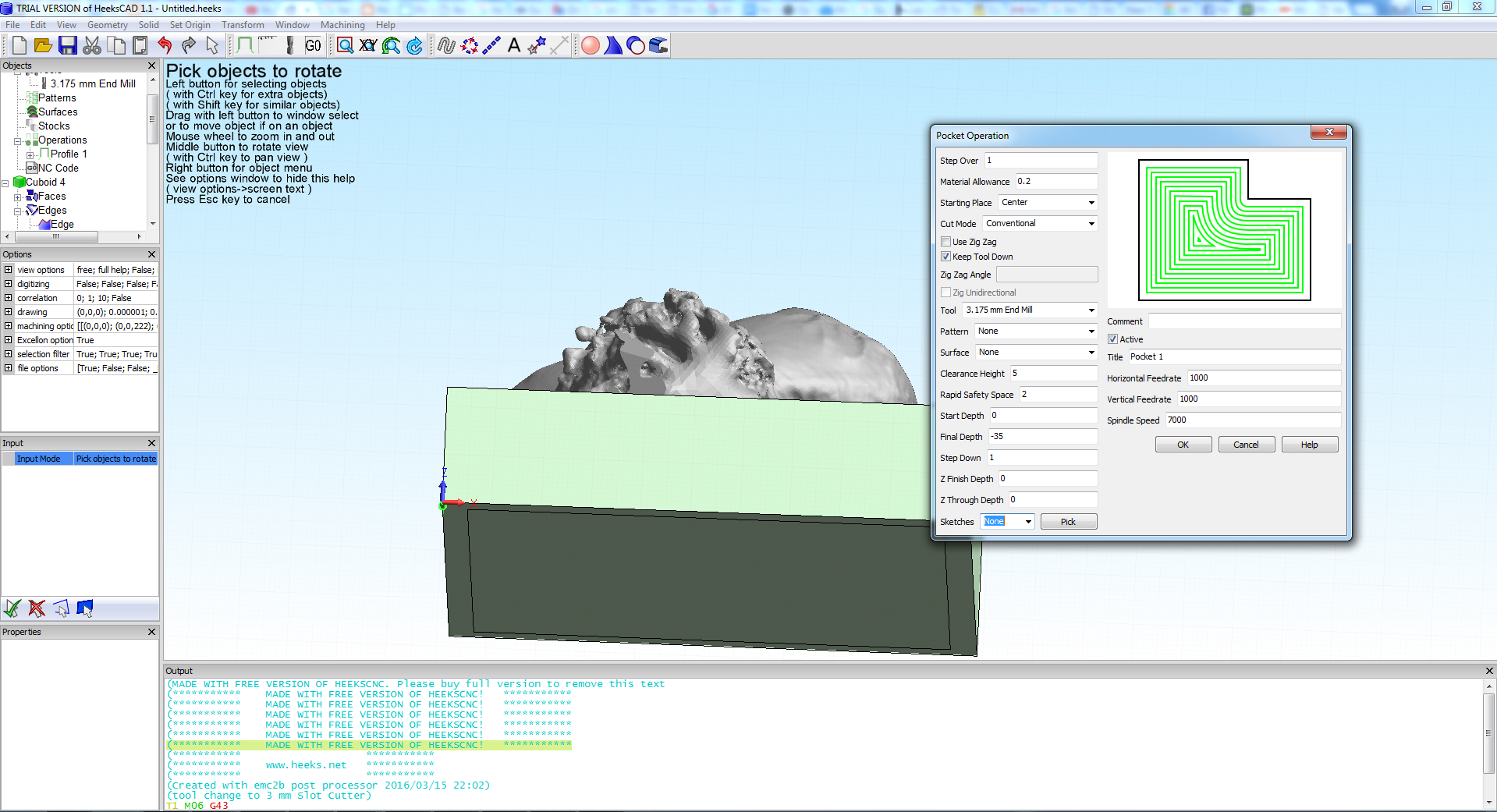 I am attempting to create a simple honeycomb mold with the pocket function  (CNC router), I started with a step file, selected the face and set up a  pocketing operation, no matter