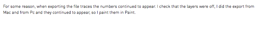 For some reason, when exporting the file traces the numbers continued to appear. I check that the layers were off, I did the export from Mac and from Pc and they continued to appear, so I paint them in Paint.